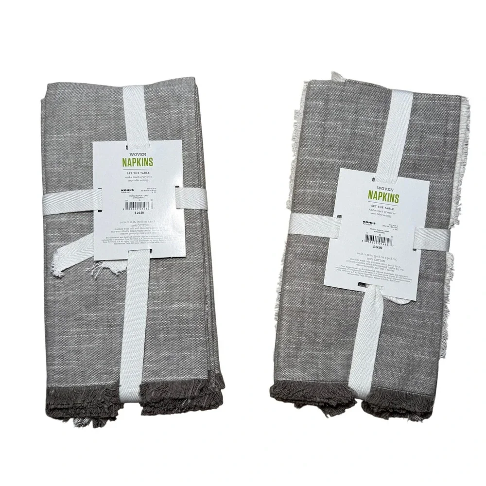 Food Network Woven Fringe Cotton Napkins Gray Set of 4 (x2) 8 Total‎ New NWT